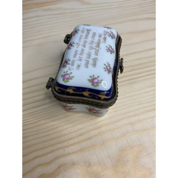 Small Imperial Porcelain Trinket Box Luke 9:23 Pink Roses Gold Accents Hinged - Picture 5 of 8